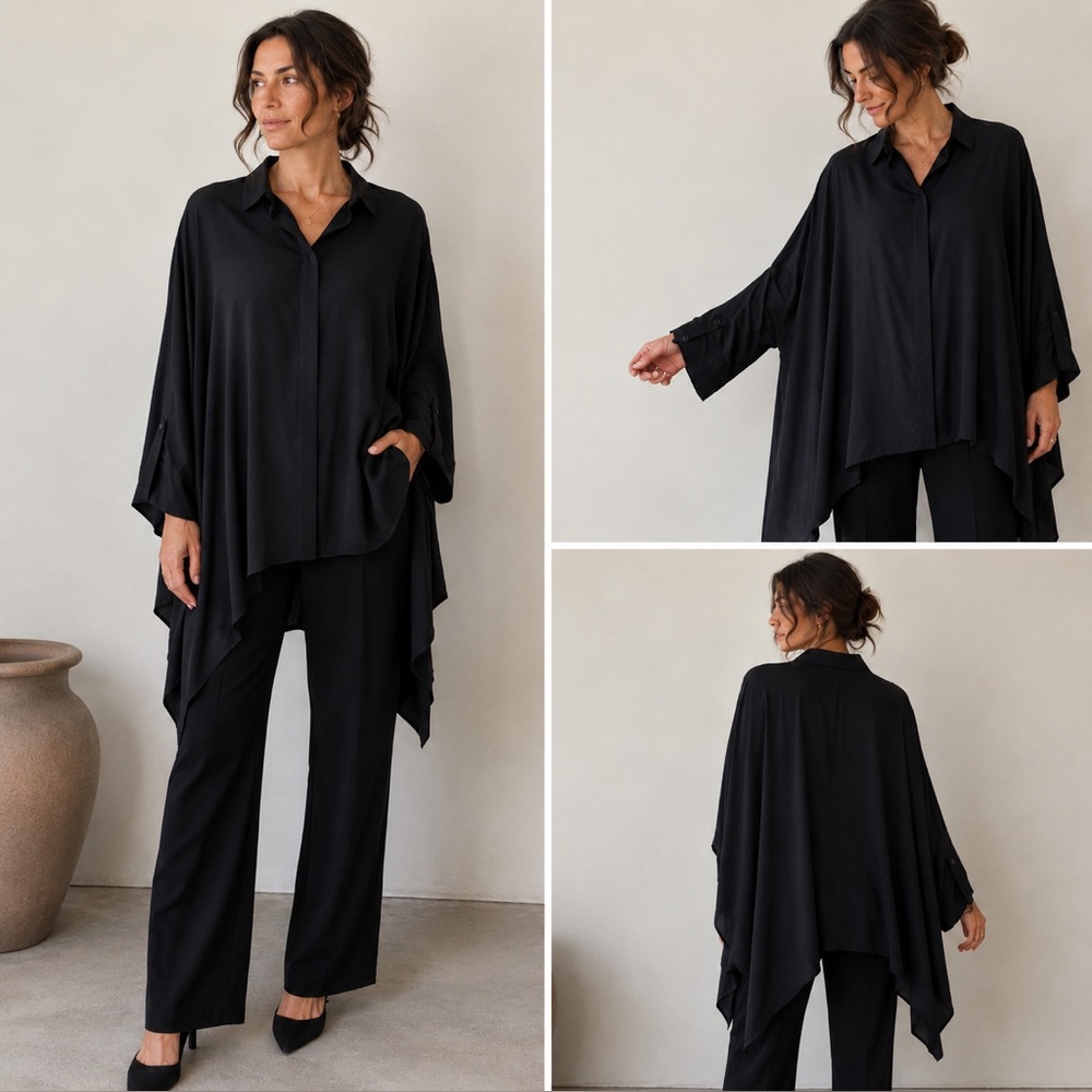 EILEEN FISHER 100% Silk Asymmetric
Hem Button Down Shirt in Black